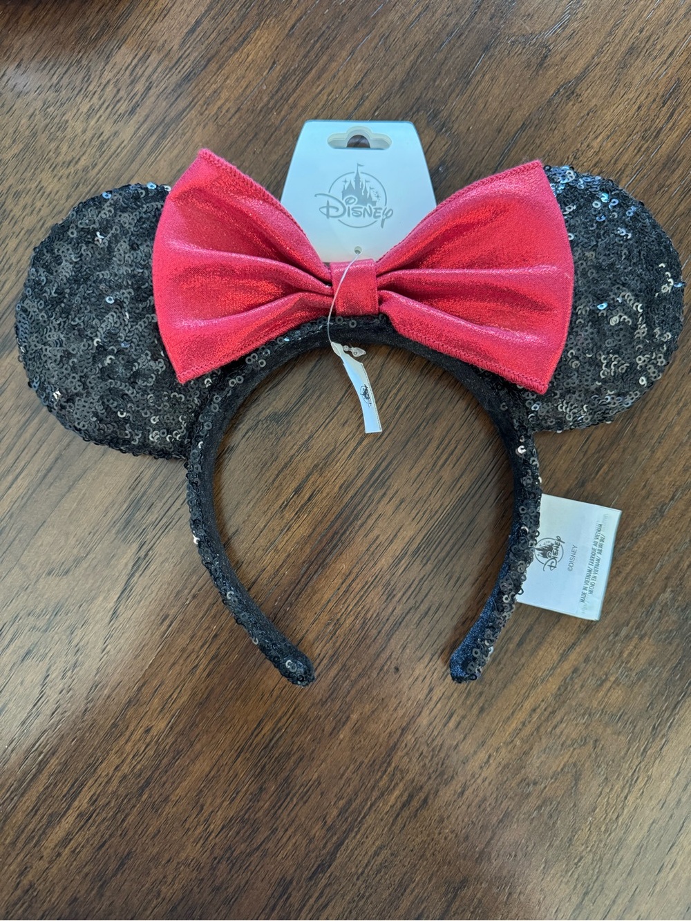 Disney Black Sequin Minnie Ears Headband with Hot Pink Bow